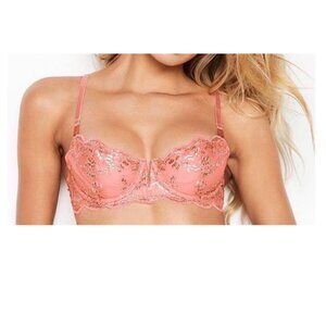 Victoria's Secret Dream Angels Unlined Uplift Bra No Padding Foil Lace Coral 34D